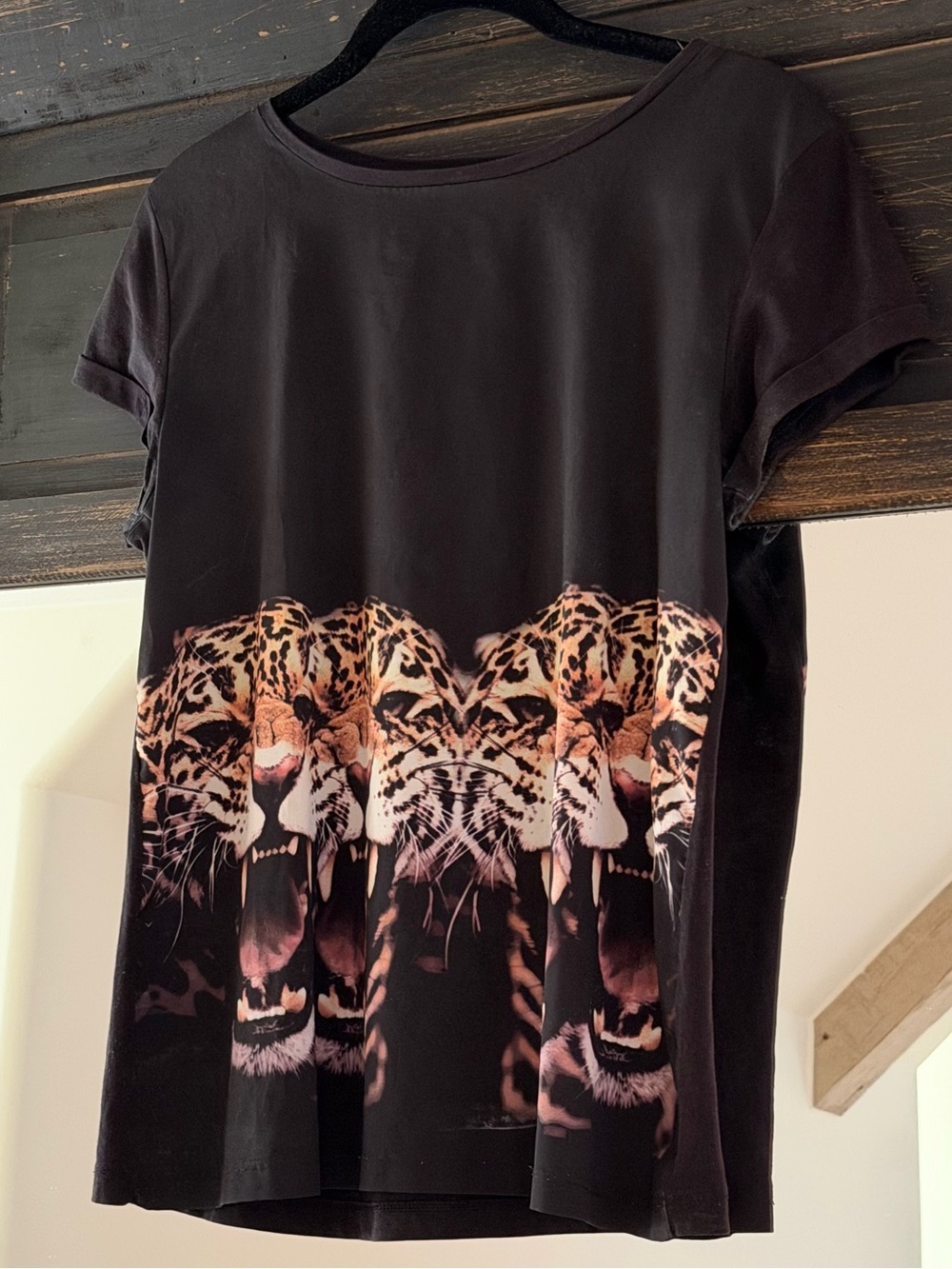Mango Black Short-Sleeve Tee with Mirrored Leopard Graphic